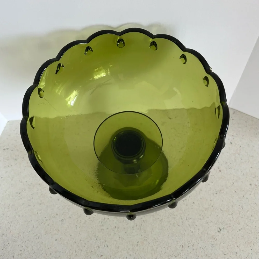 Vintage Pedestal Olive Green Indiana Glass Compote Candy Dish Bowl 7.5” X 7.5”